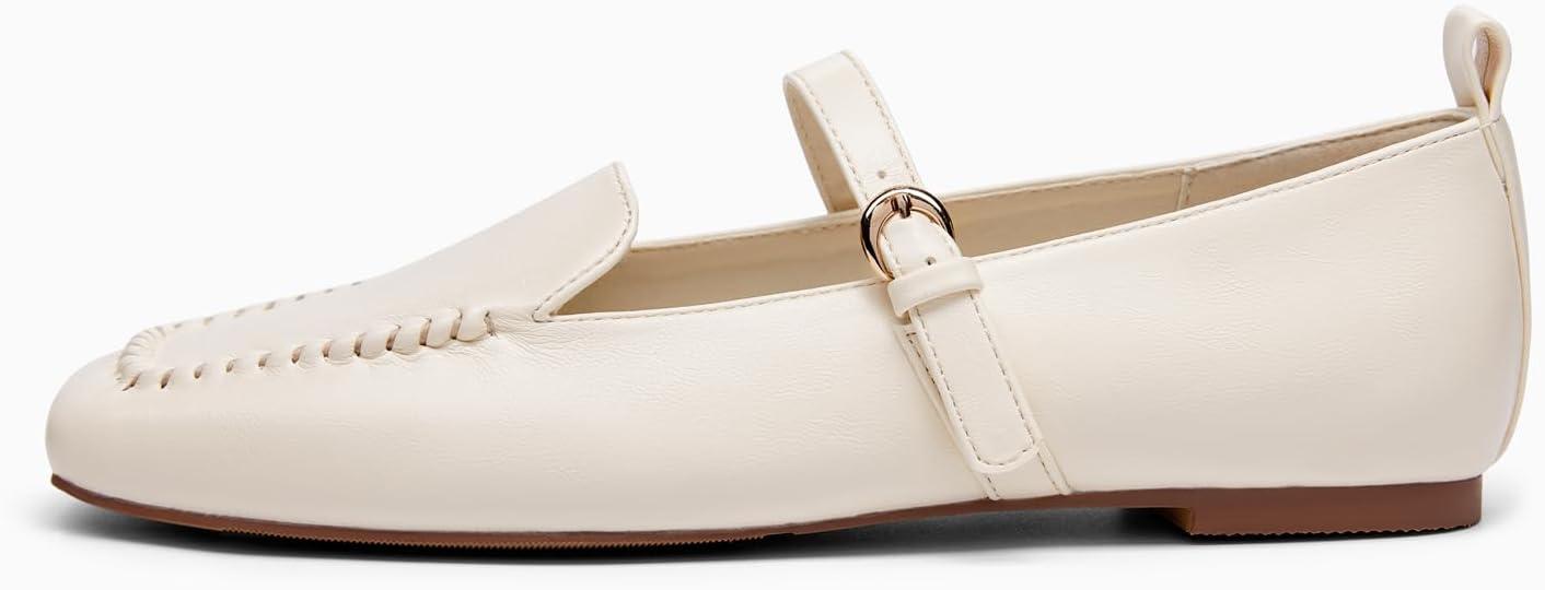 image:imageCoutgo Womens Ballet Flats Loafers Square Toe Comfortable Dressy Work Office Shoes Mary Jane FlatsCream White