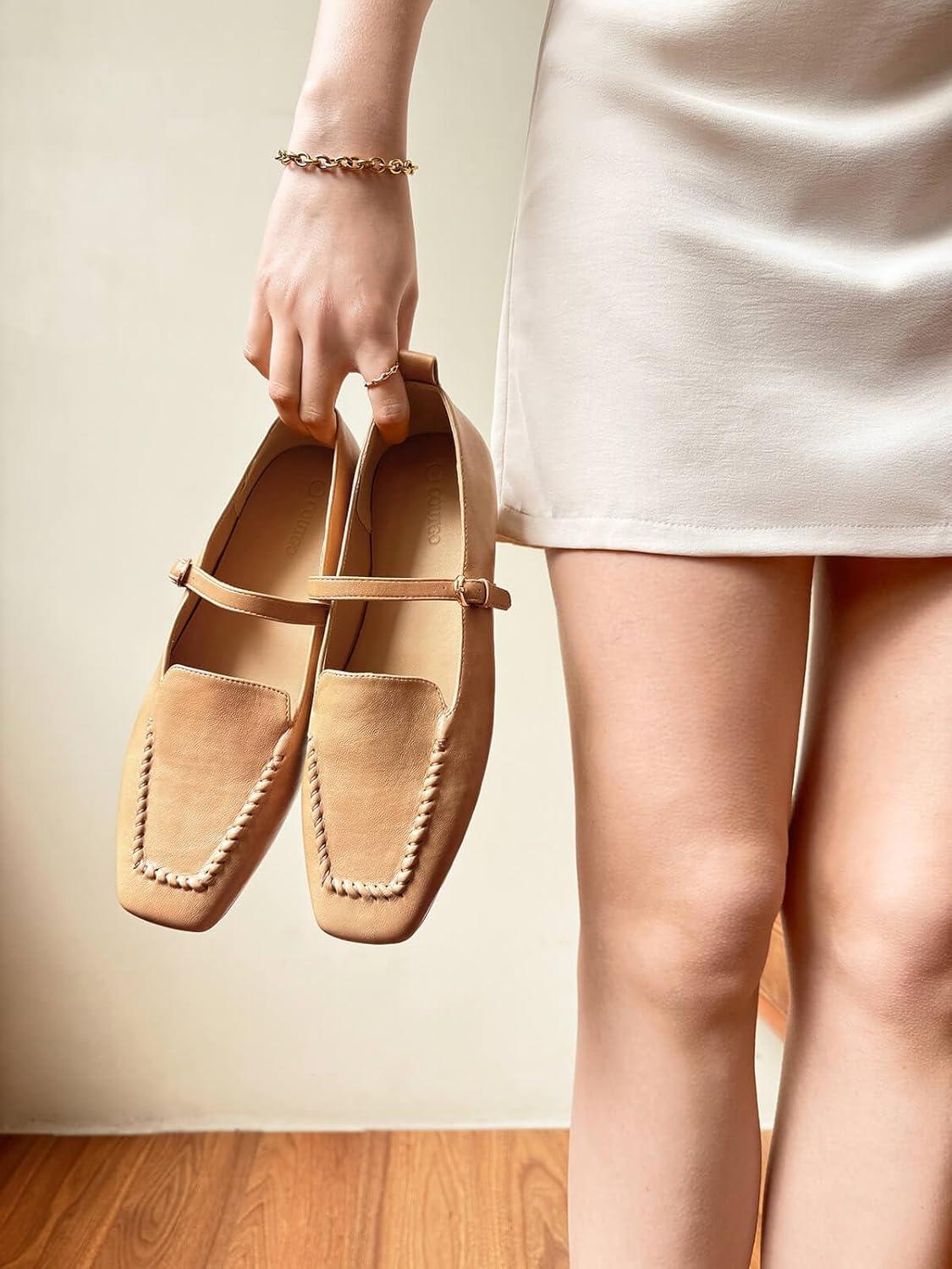 image:imageCoutgo Womens Ballet Flats Loafers Square Toe Comfortable Dressy Work Office Shoes Mary Jane FlatsKhaki