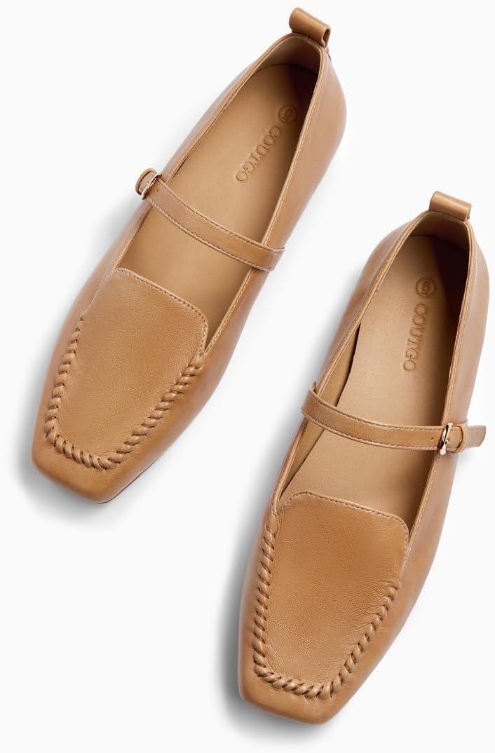 image:imageCoutgo Womens Ballet Flats Loafers Square Toe Comfortable Dressy Work Office Shoes Mary Jane FlatsKhaki