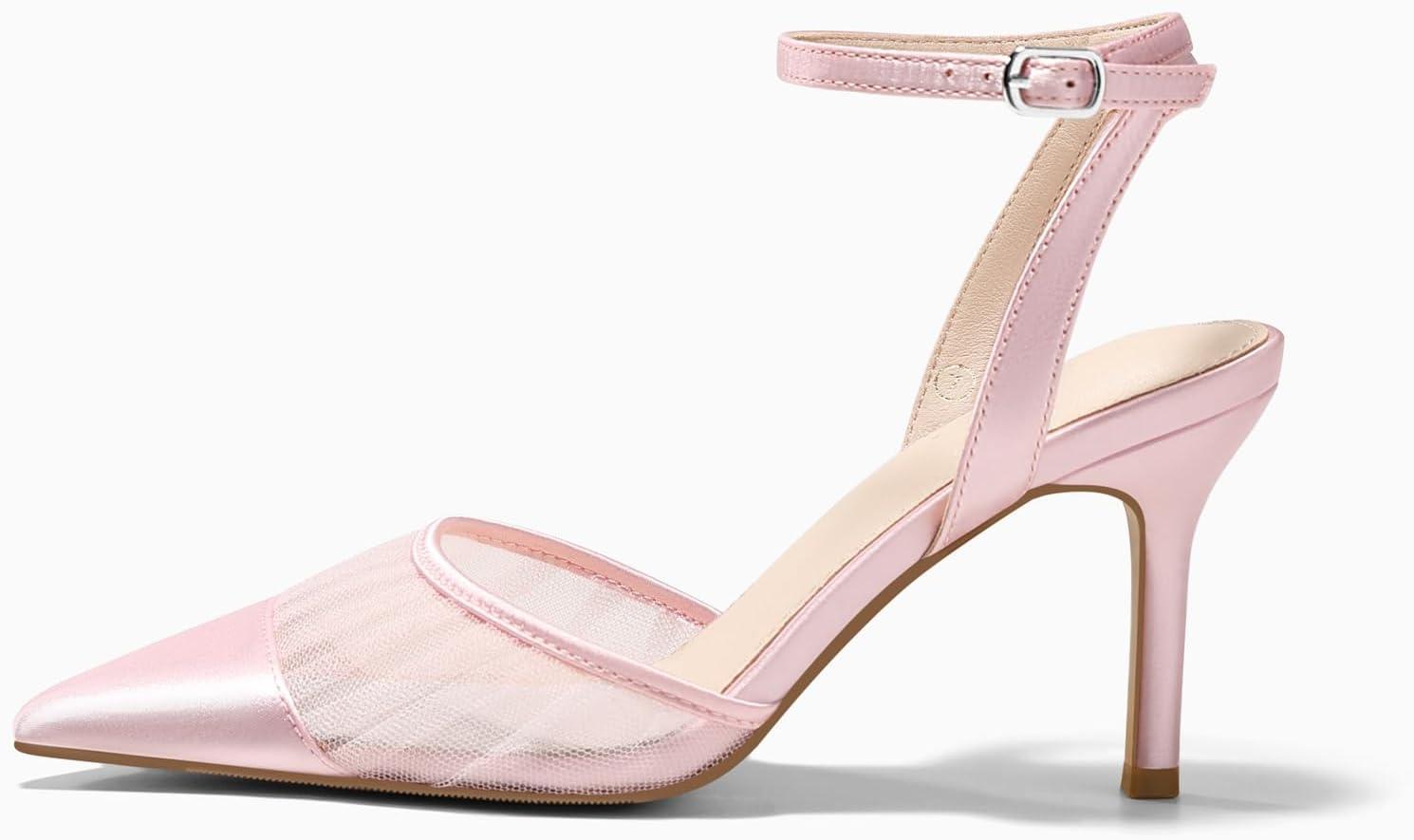 image:imageCoutgo Womens Closed Toe High Heels Mesh Satin Pointed Toe Dress Shoes Ankle Strap Pacthwork Wedding Pump ShoesPink