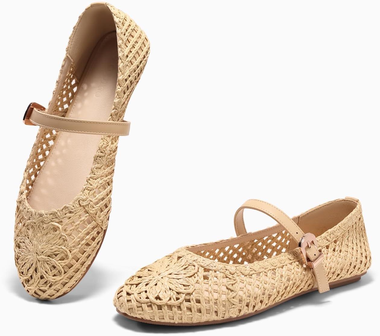 image:imageCoutgo Womens Mary Jane Woven Flats Round Toe Ballet Flats Dressy Comfortable Slip On ShoesApricot Woven