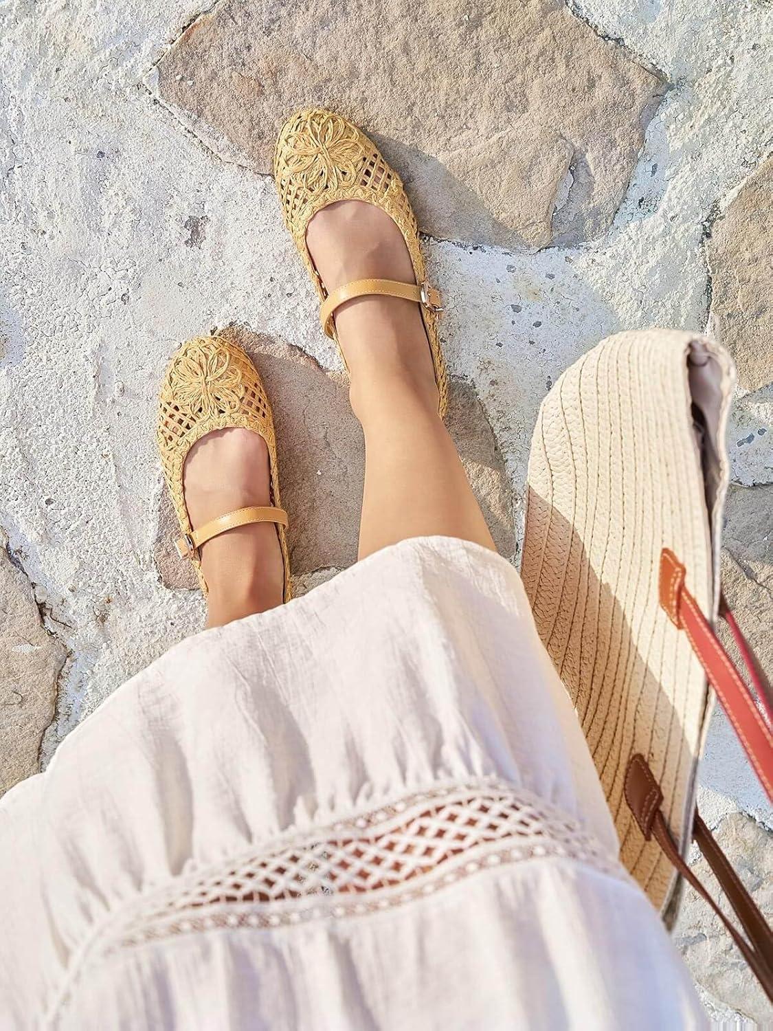 image:imageCoutgo Womens Mary Jane Woven Flats Round Toe Ballet Flats Dressy Comfortable Slip On ShoesApricot Woven