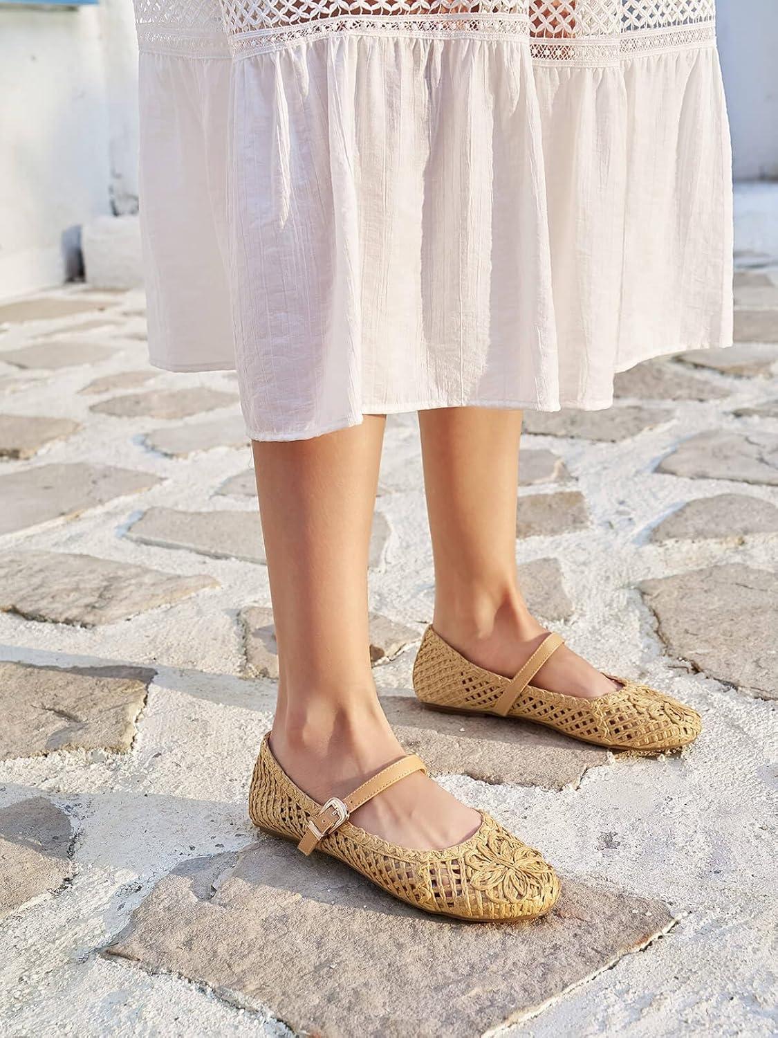 image:imageCoutgo Womens Mary Jane Woven Flats Round Toe Ballet Flats Dressy Comfortable Slip On ShoesApricot Woven