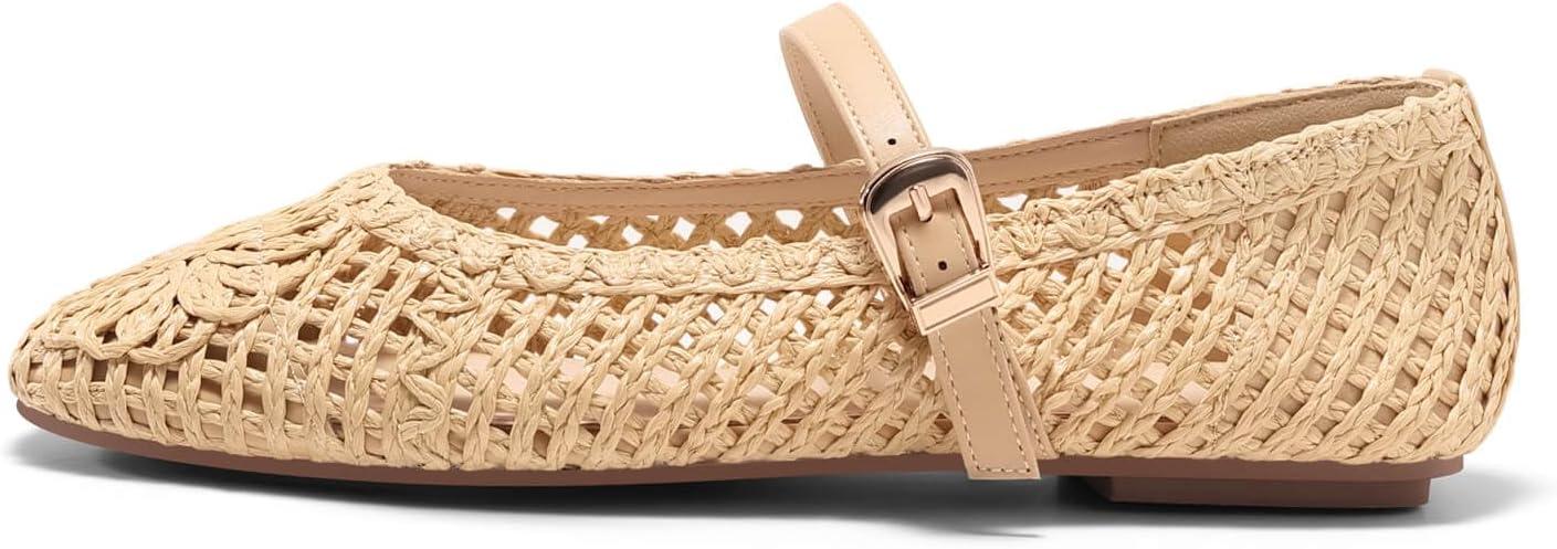 image:imageCoutgo Womens Mary Jane Woven Flats Round Toe Ballet Flats Dressy Comfortable Slip On ShoesApricot Woven