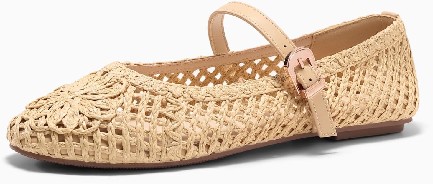image:imageCoutgo Womens Mary Jane Woven Flats Round Toe Ballet Flats Dressy Comfortable Slip On ShoesApricot Woven