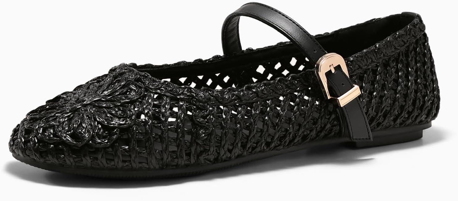 image:imageCoutgo Womens Mary Jane Woven Flats Round Toe Ballet Flats Dressy Comfortable Slip On ShoesBlack Woven