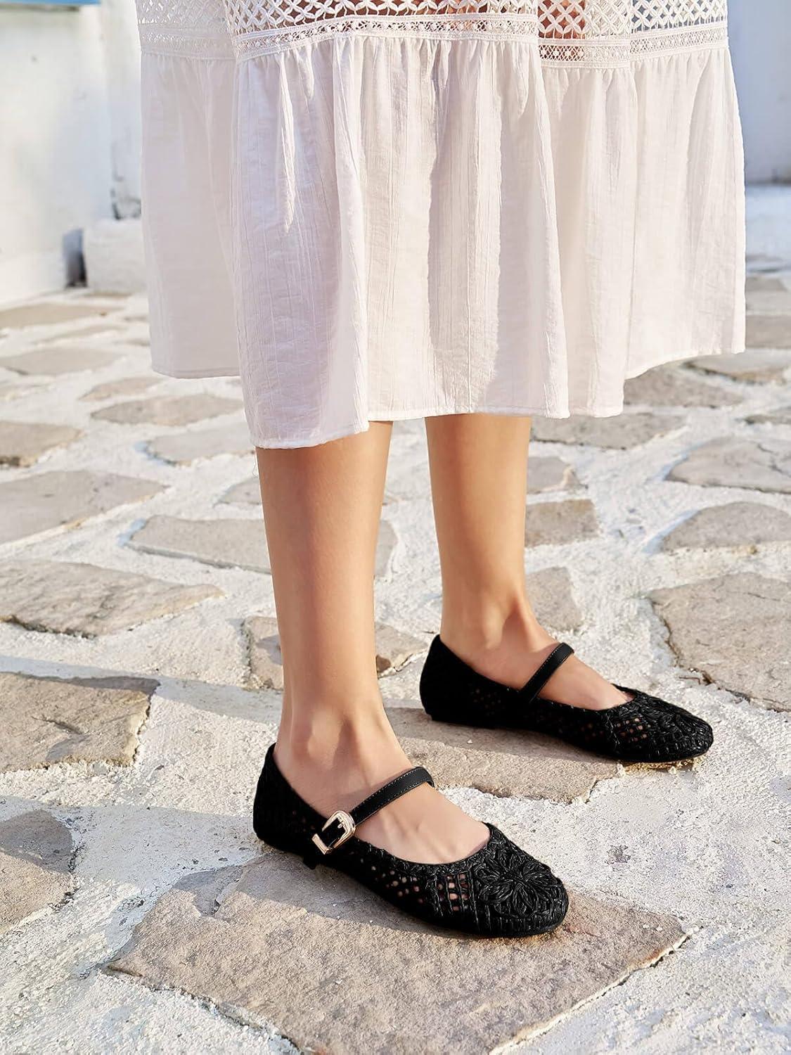 image:imageCoutgo Womens Mary Jane Woven Flats Round Toe Ballet Flats Dressy Comfortable Slip On ShoesBlack Woven
