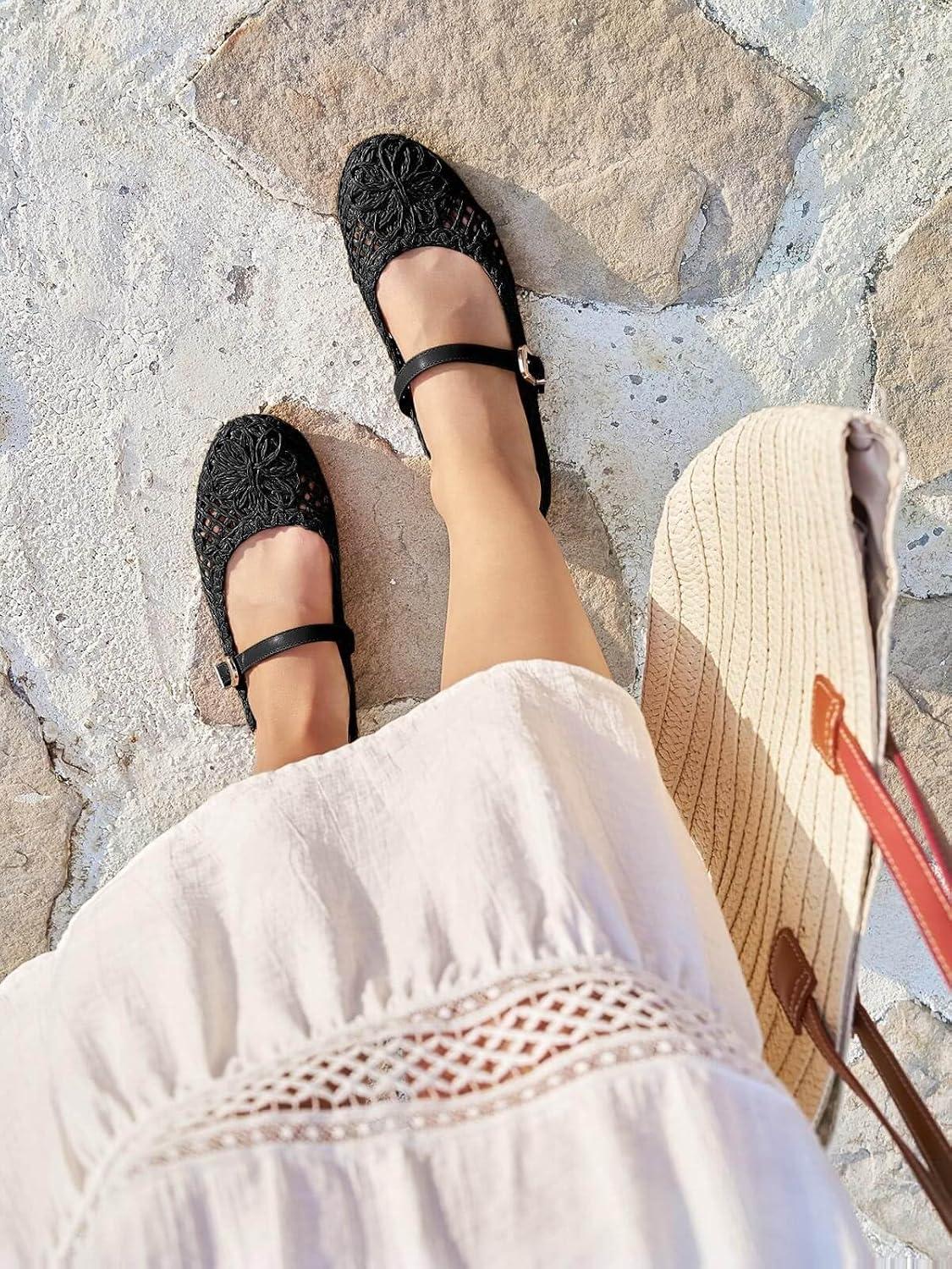 image:imageCoutgo Womens Mary Jane Woven Flats Round Toe Ballet Flats Dressy Comfortable Slip On ShoesBlack Woven