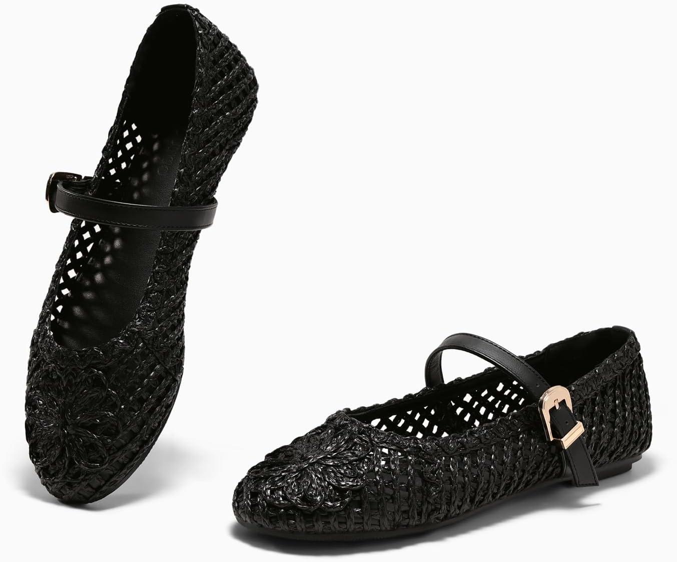 image:imageCoutgo Womens Mary Jane Woven Flats Round Toe Ballet Flats Dressy Comfortable Slip On ShoesBlack Woven