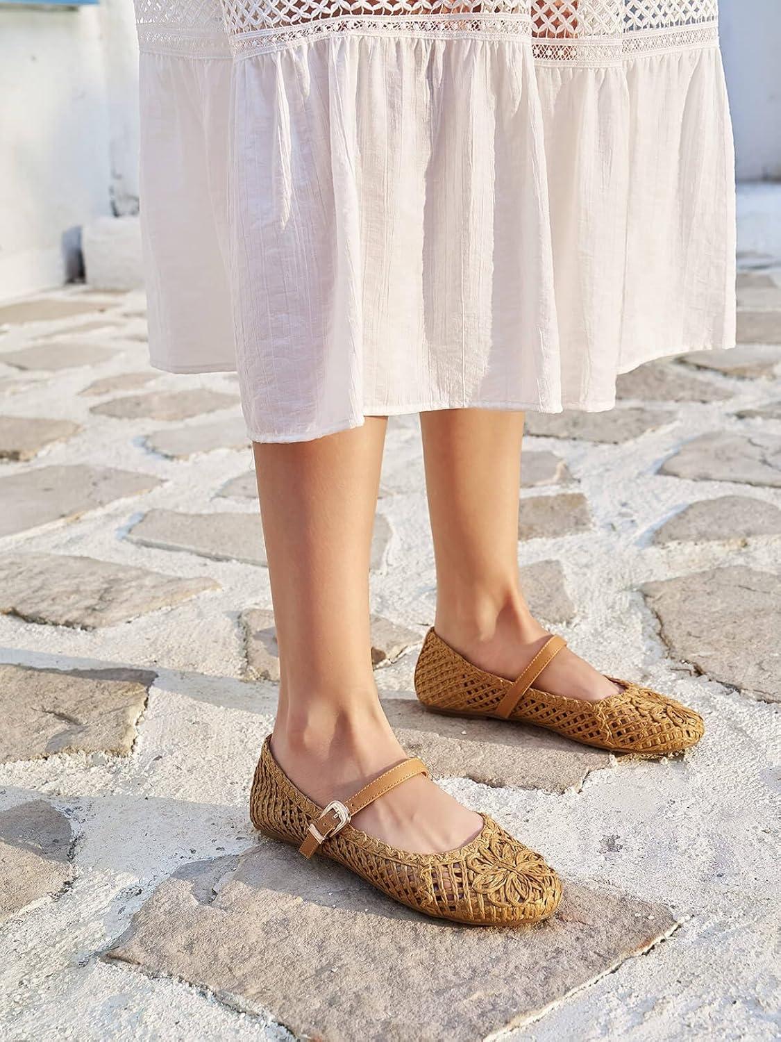 image:imageCoutgo Womens Mary Jane Woven Flats Round Toe Ballet Flats Dressy Comfortable Slip On ShoesBrown Woven