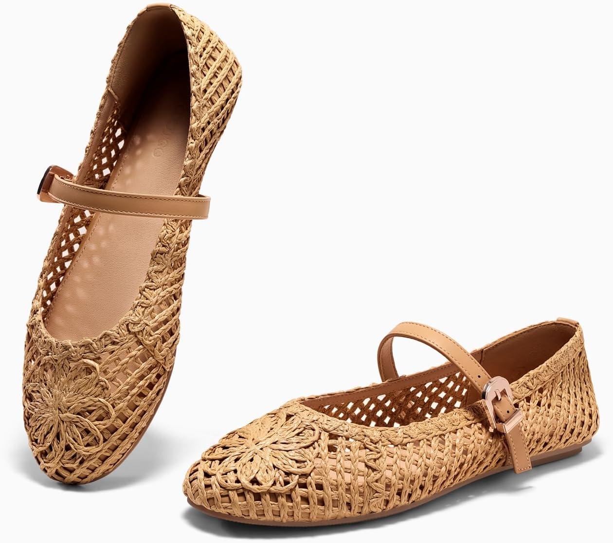 image:imageCoutgo Womens Mary Jane Woven Flats Round Toe Ballet Flats Dressy Comfortable Slip On ShoesBrown Woven