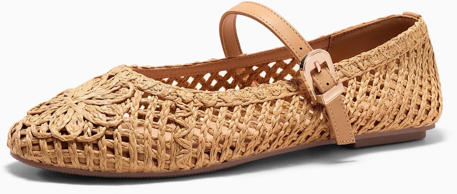 image:imageCoutgo Womens Mary Jane Woven Flats Round Toe Ballet Flats Dressy Comfortable Slip On ShoesBrown Woven
