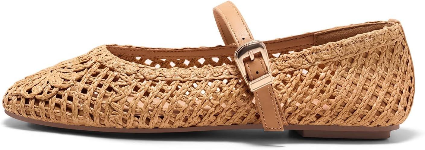 image:imageCoutgo Womens Mary Jane Woven Flats Round Toe Ballet Flats Dressy Comfortable Slip On ShoesBrown Woven