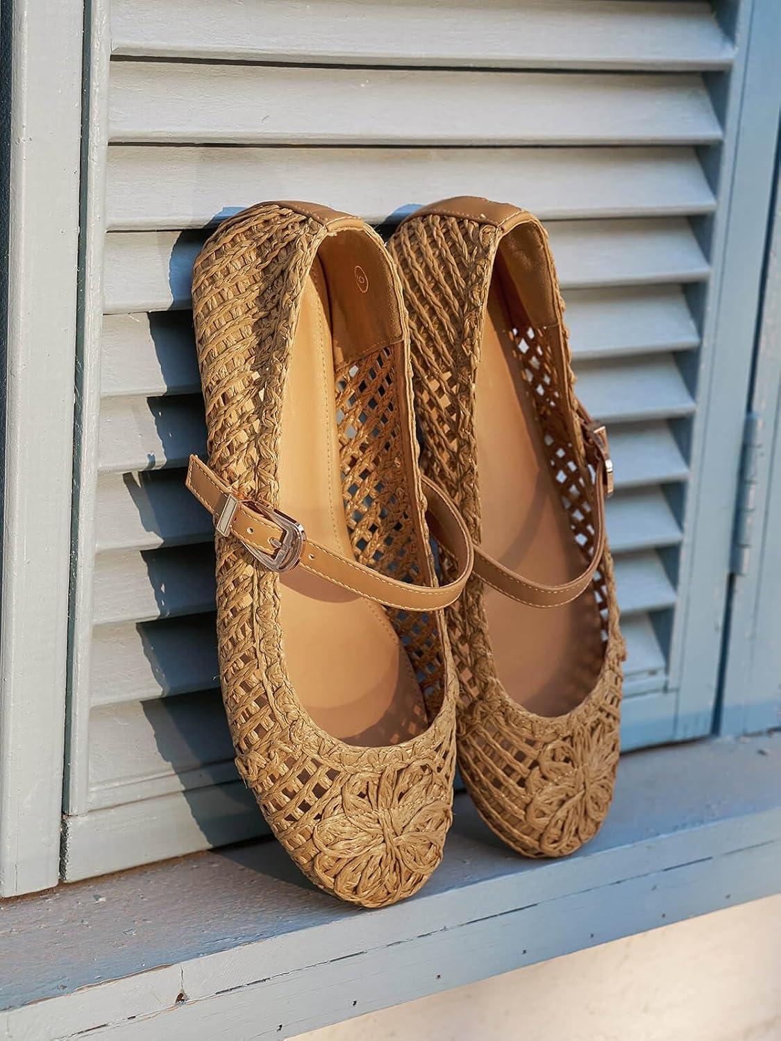 image:imageCoutgo Womens Mary Jane Woven Flats Round Toe Ballet Flats Dressy Comfortable Slip On ShoesBrown Woven