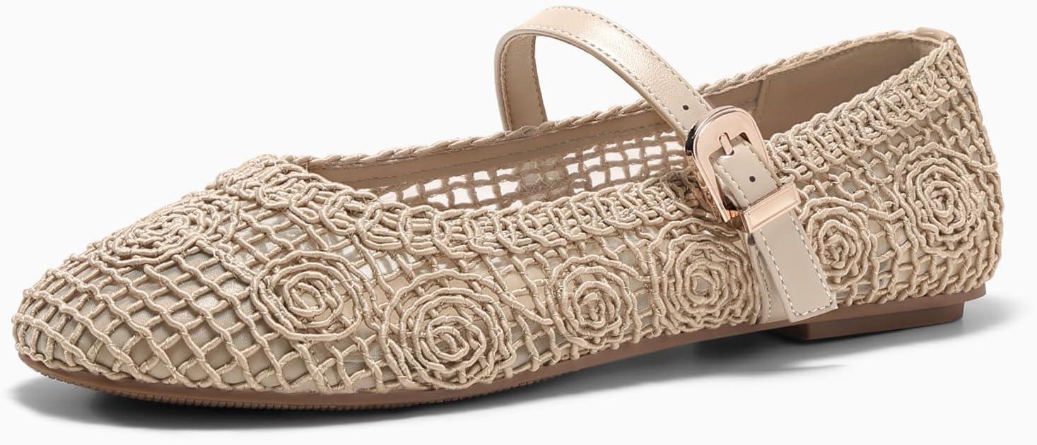 image:imageCoutgo Womens Mary Jane Woven Flats Round Toe Ballet Flats Dressy Comfortable Slip On ShoesCream White Nylon