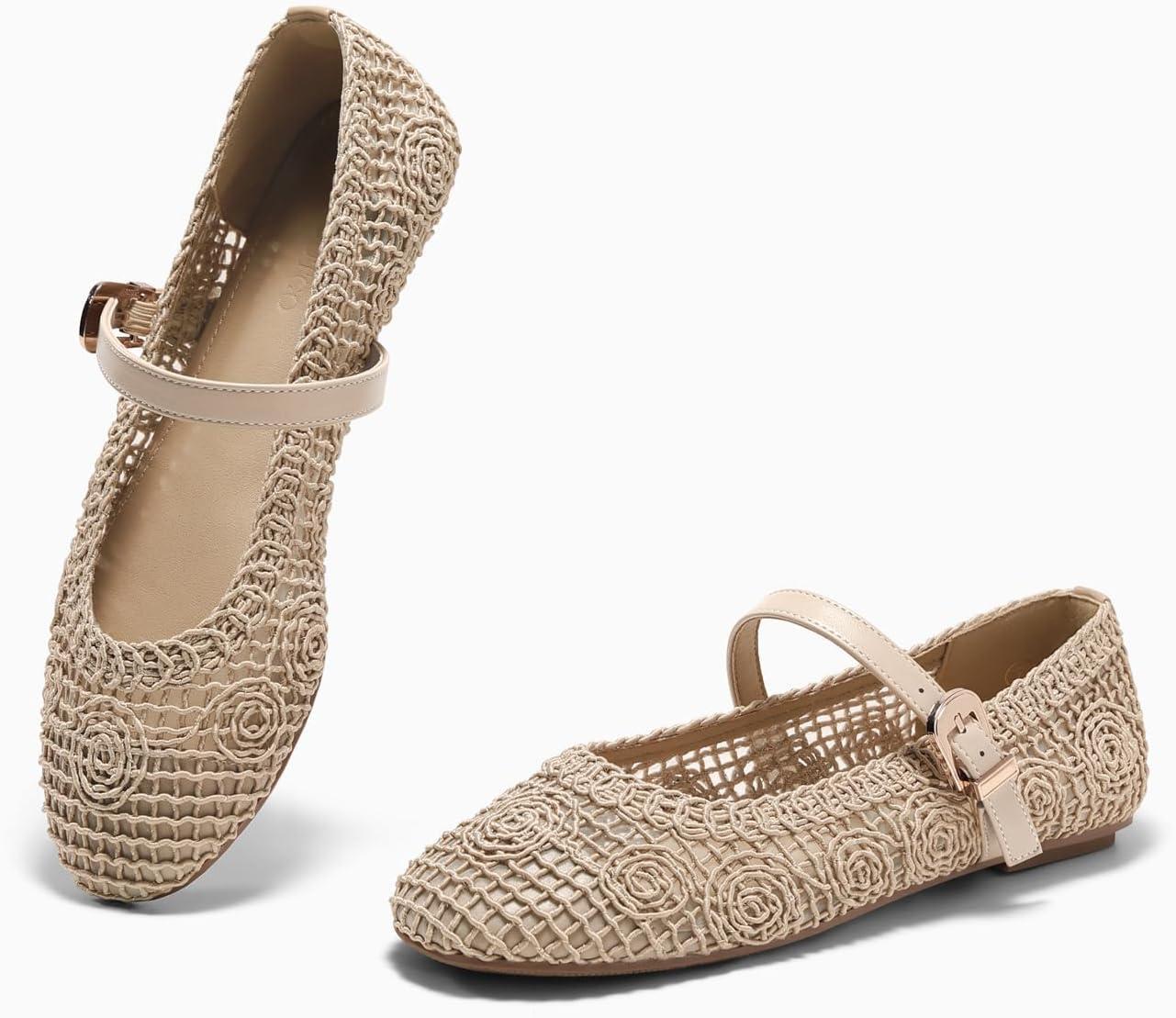 image:imageCoutgo Womens Mary Jane Woven Flats Round Toe Ballet Flats Dressy Comfortable Slip On ShoesCream White Nylon