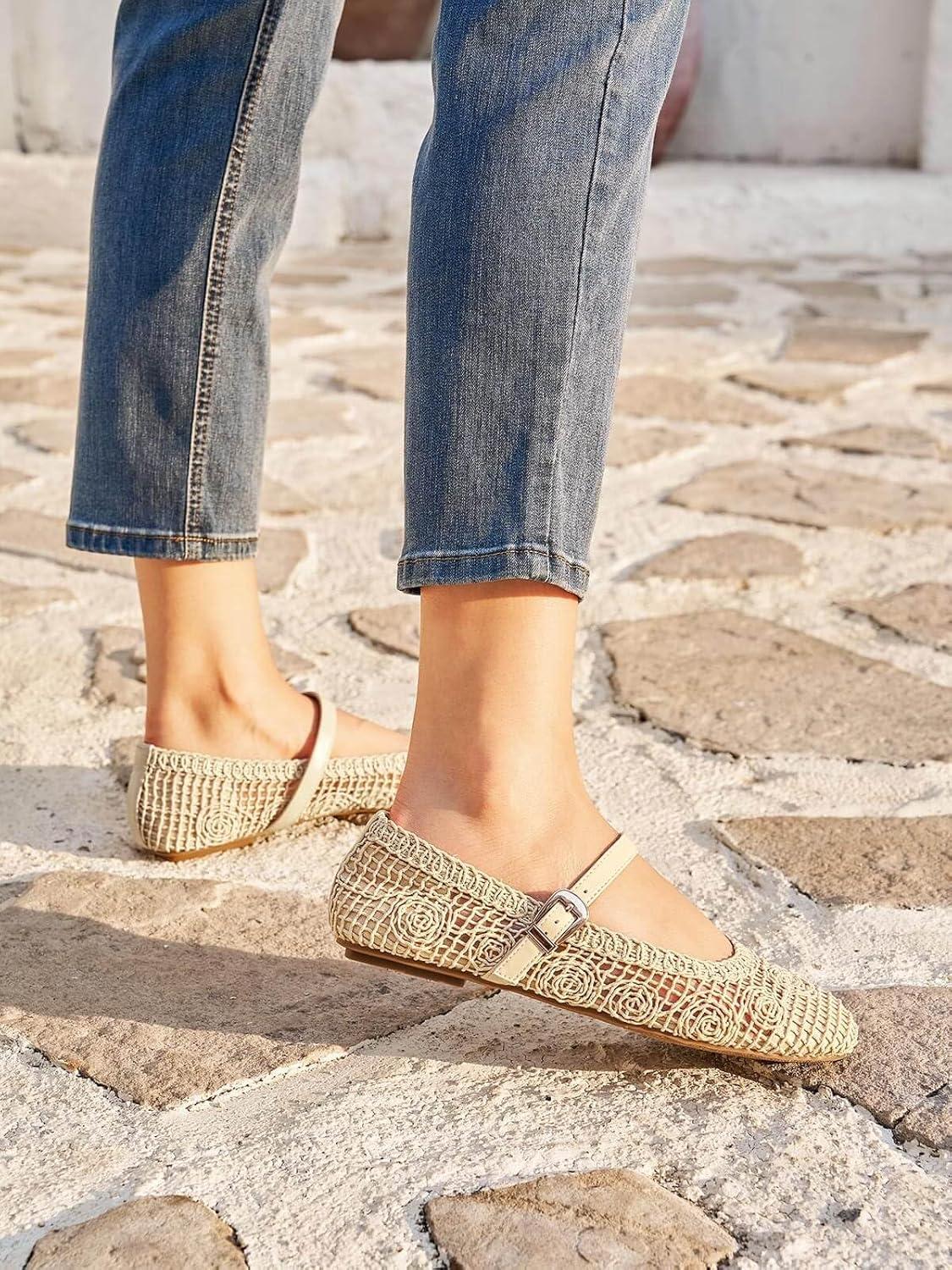 image:imageCoutgo Womens Mary Jane Woven Flats Round Toe Ballet Flats Dressy Comfortable Slip On ShoesCream White Nylon