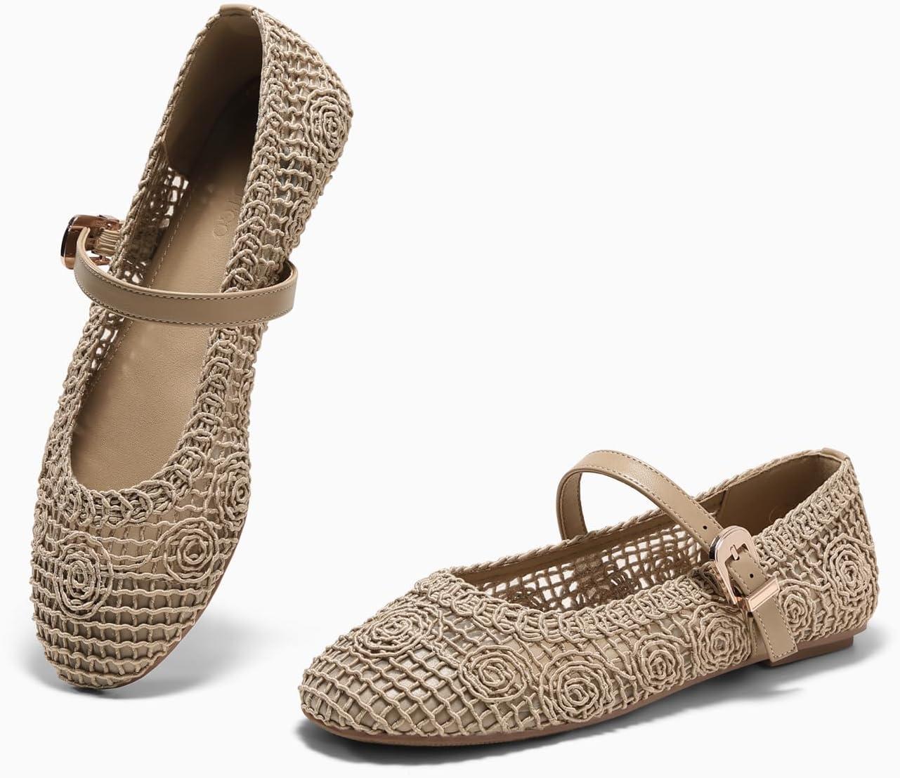image:imageCoutgo Womens Mary Jane Woven Flats Round Toe Ballet Flats Dressy Comfortable Slip On ShoesKhaki Nylon