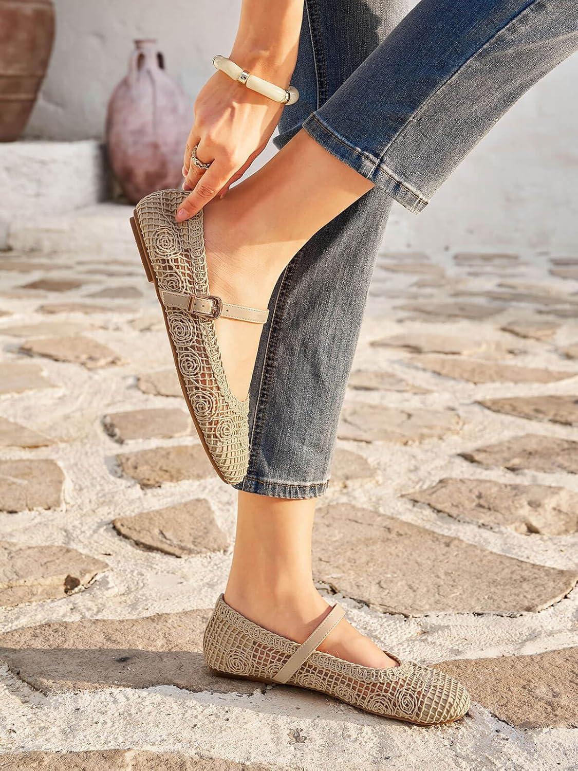 image:imageCoutgo Womens Mary Jane Woven Flats Round Toe Ballet Flats Dressy Comfortable Slip On ShoesKhaki Nylon