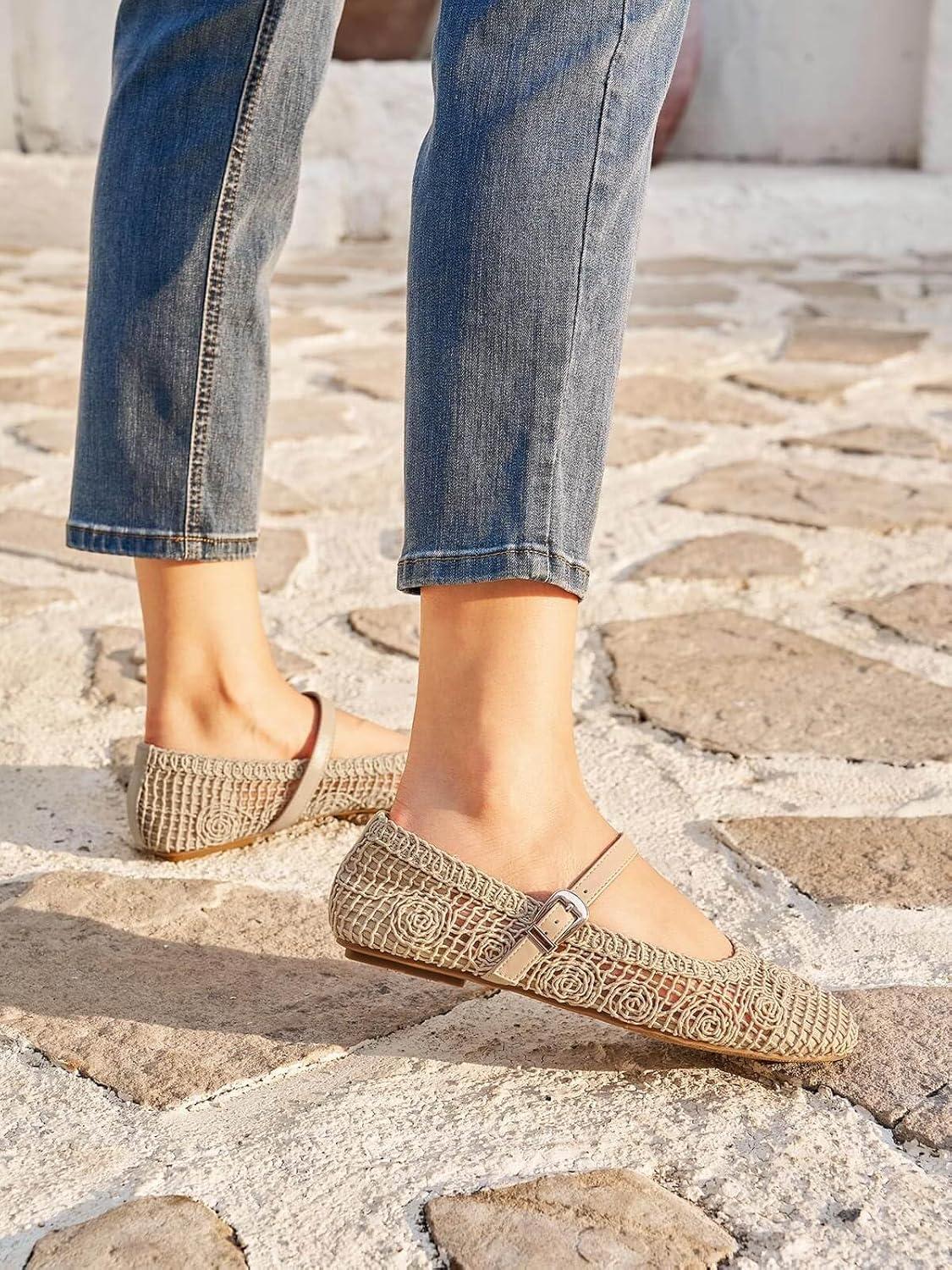 image:imageCoutgo Womens Mary Jane Woven Flats Round Toe Ballet Flats Dressy Comfortable Slip On ShoesKhaki Nylon
