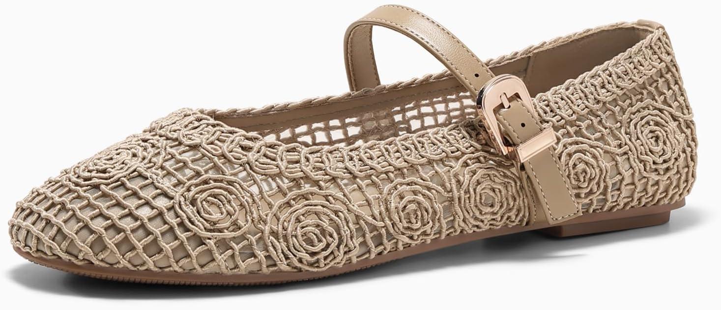 image:imageCoutgo Womens Mary Jane Woven Flats Round Toe Ballet Flats Dressy Comfortable Slip On ShoesKhaki Nylon
