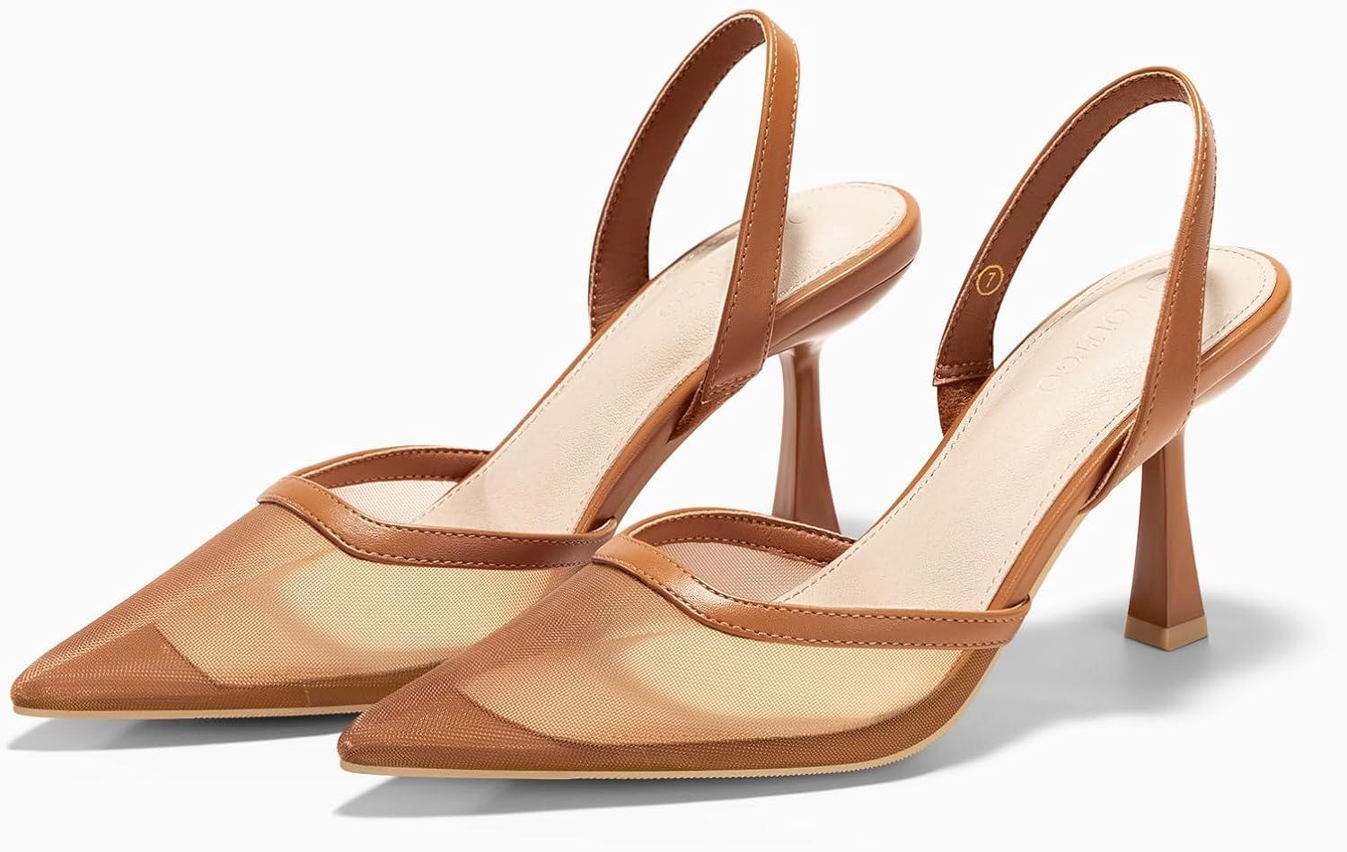 image:imageCoutgo Womens Mesh High Heels Slingback Closed Pointed Toe Stiletto Pumps Sandals Party Wedding Dress ShoesBrown
