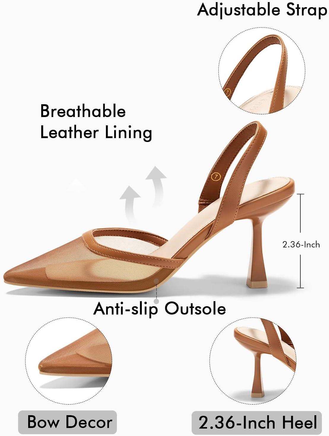 image:imageCoutgo Womens Mesh High Heels Slingback Closed Pointed Toe Stiletto Pumps Sandals Party Wedding Dress ShoesBrown