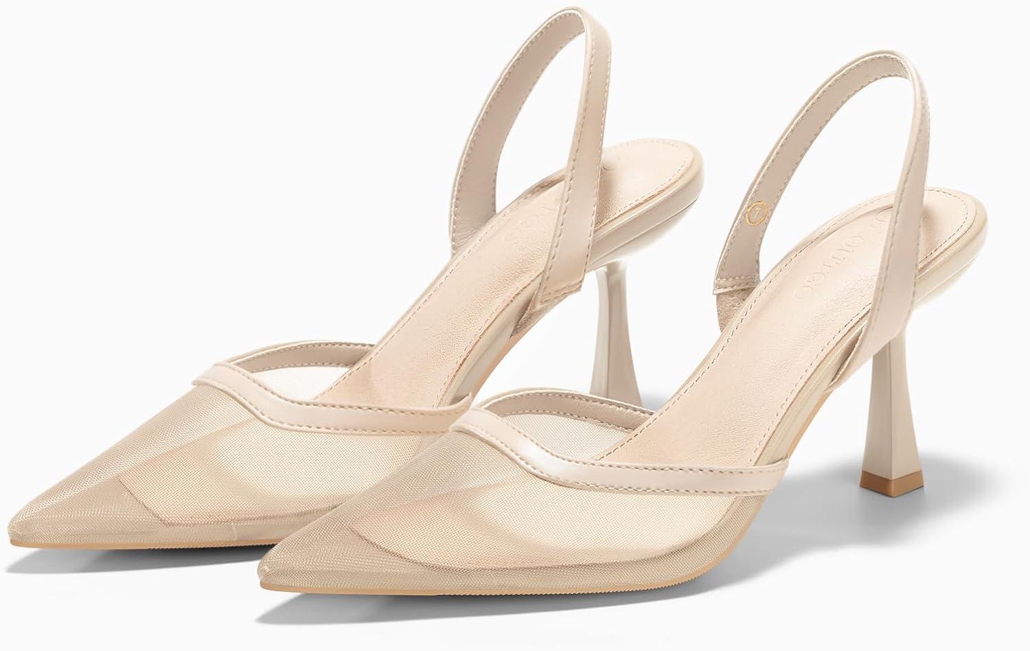 image:imageCoutgo Womens Mesh High Heels Slingback Closed Pointed Toe Stiletto Pumps Sandals Party Wedding Dress ShoesKhaki