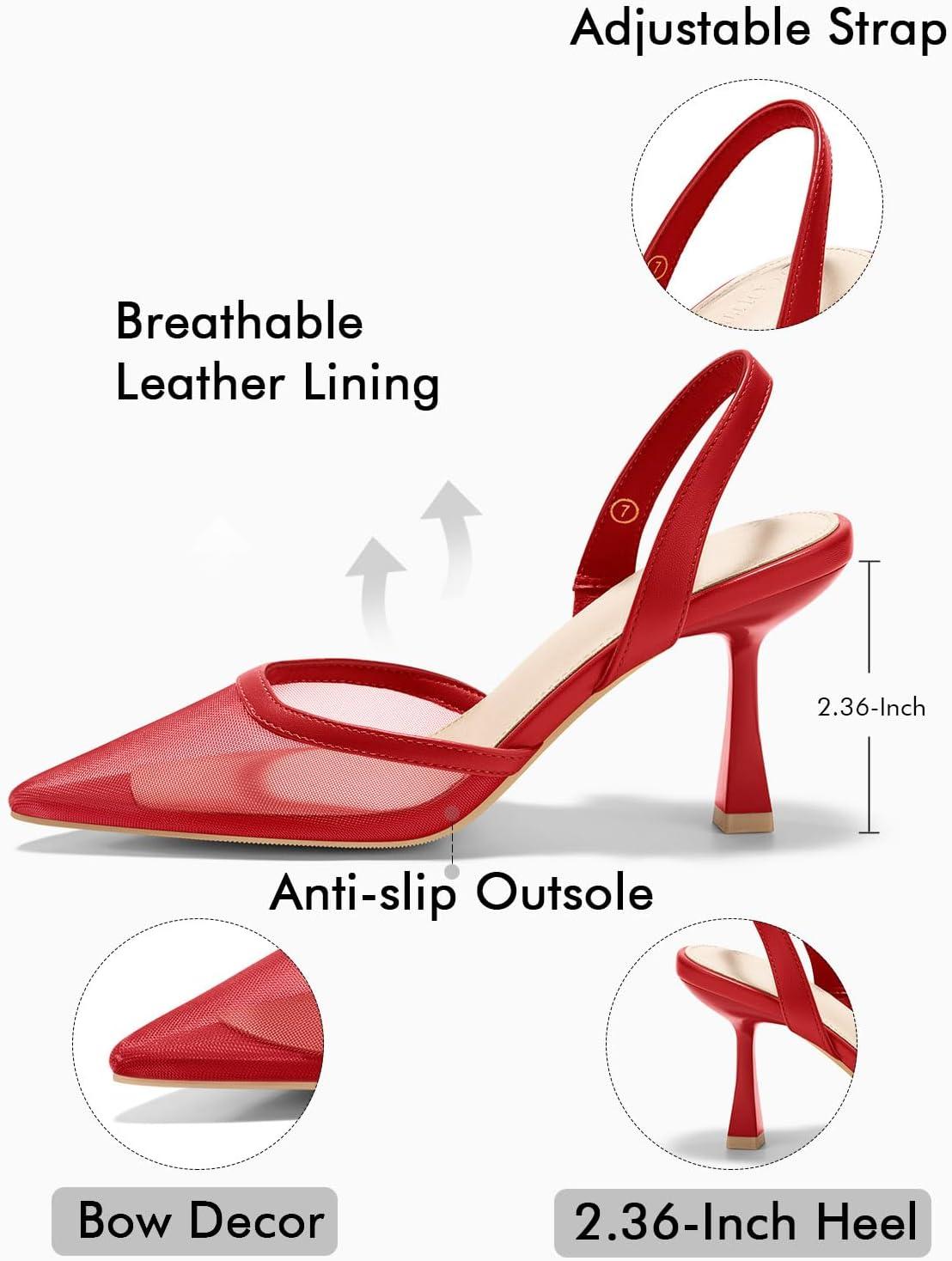 image:imageCoutgo Womens Mesh High Heels Slingback Closed Pointed Toe Stiletto Pumps Sandals Party Wedding Dress ShoesRed