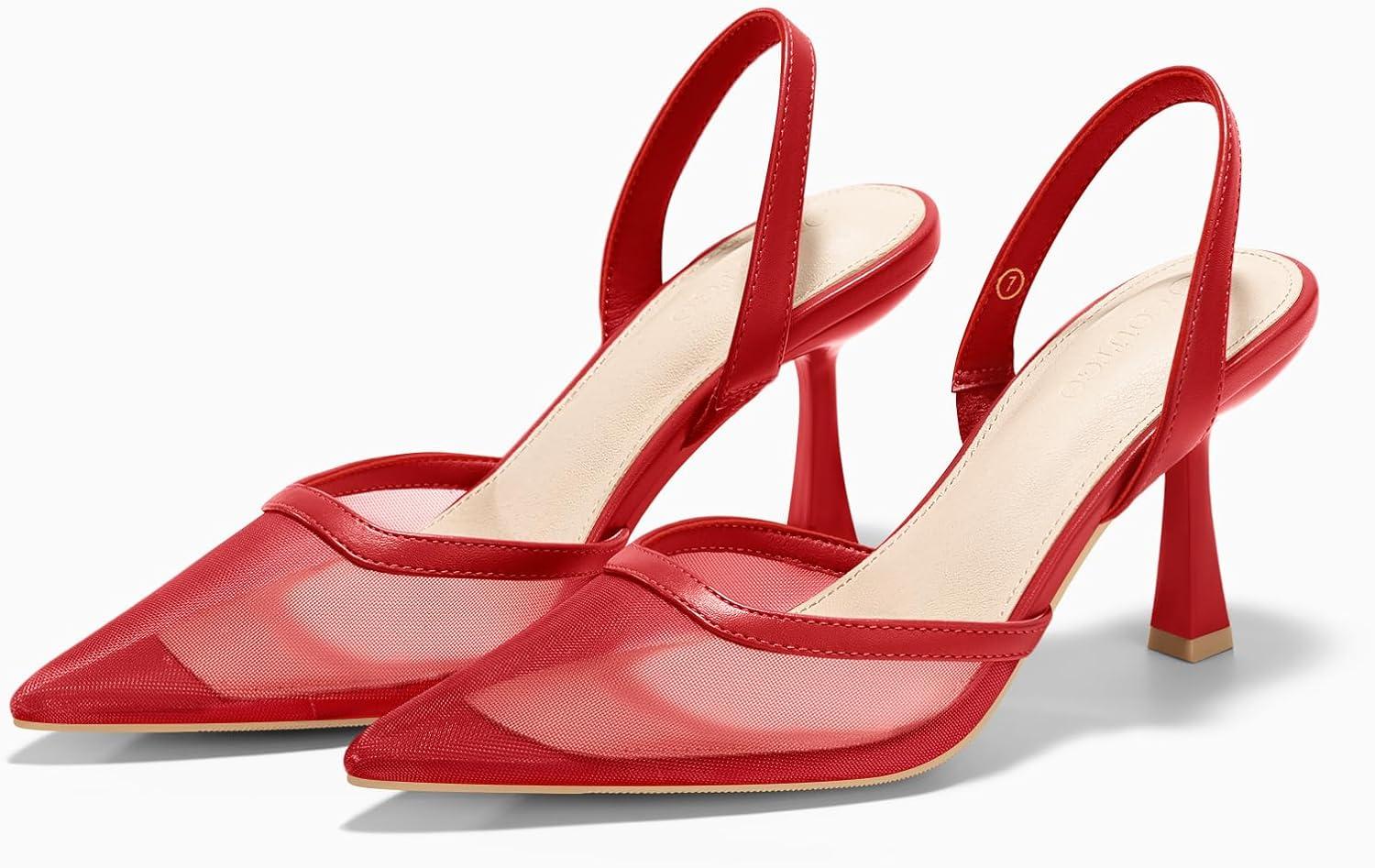 image:imageCoutgo Womens Mesh High Heels Slingback Closed Pointed Toe Stiletto Pumps Sandals Party Wedding Dress ShoesRed