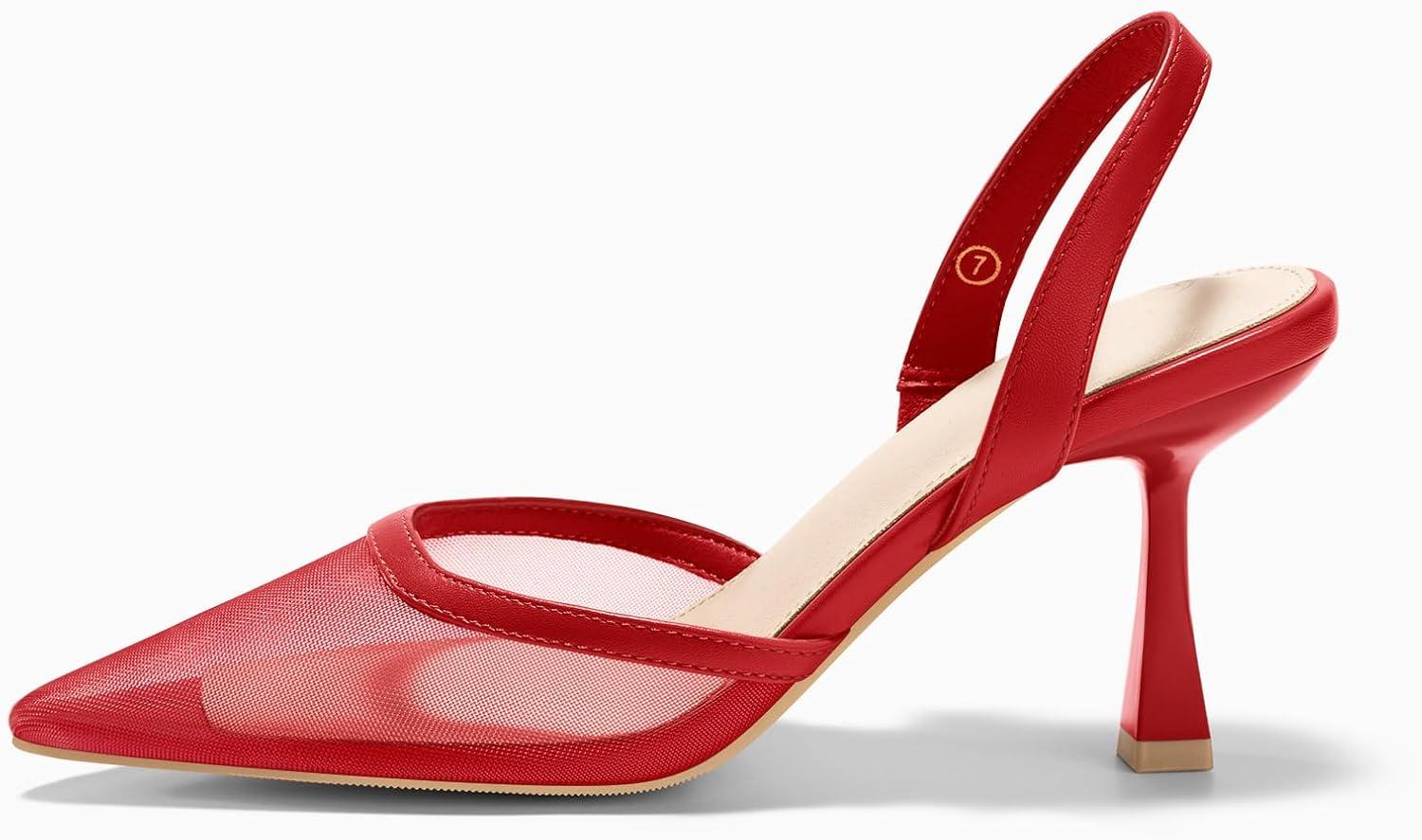 image:imageCoutgo Womens Mesh High Heels Slingback Closed Pointed Toe Stiletto Pumps Sandals Party Wedding Dress ShoesRed