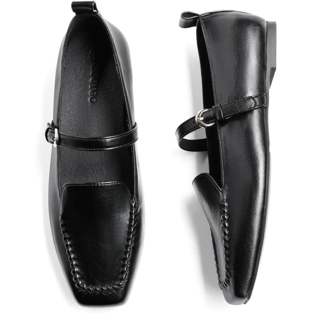 image:imageCoutgo Womens Ballet Flats Loafers Square Toe Comfortable Dressy Work Office Shoes Mary Jane FlatsBlack