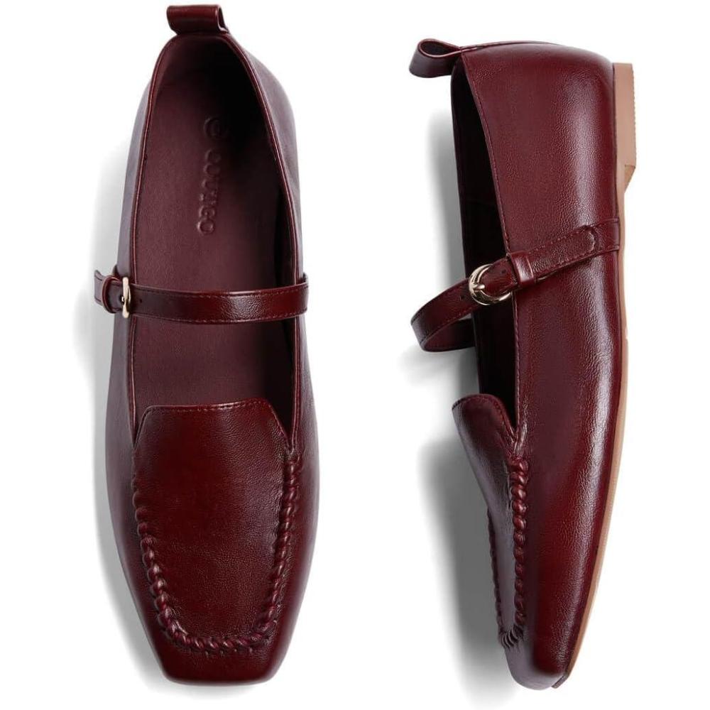 image:imageCoutgo Womens Ballet Flats Loafers Square Toe Comfortable Dressy Work Office Shoes Mary Jane FlatsBurgundy