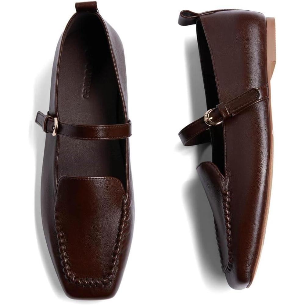 image:imageCoutgo Womens Ballet Flats Loafers Square Toe Comfortable Dressy Work Office Shoes Mary Jane FlatsCoffee