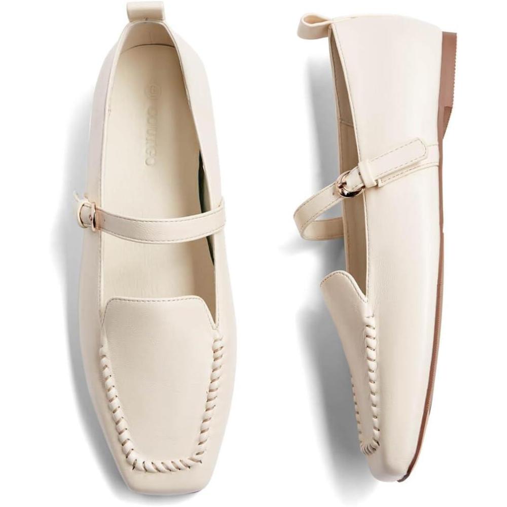 image:imageCoutgo Womens Ballet Flats Loafers Square Toe Comfortable Dressy Work Office Shoes Mary Jane FlatsCream White