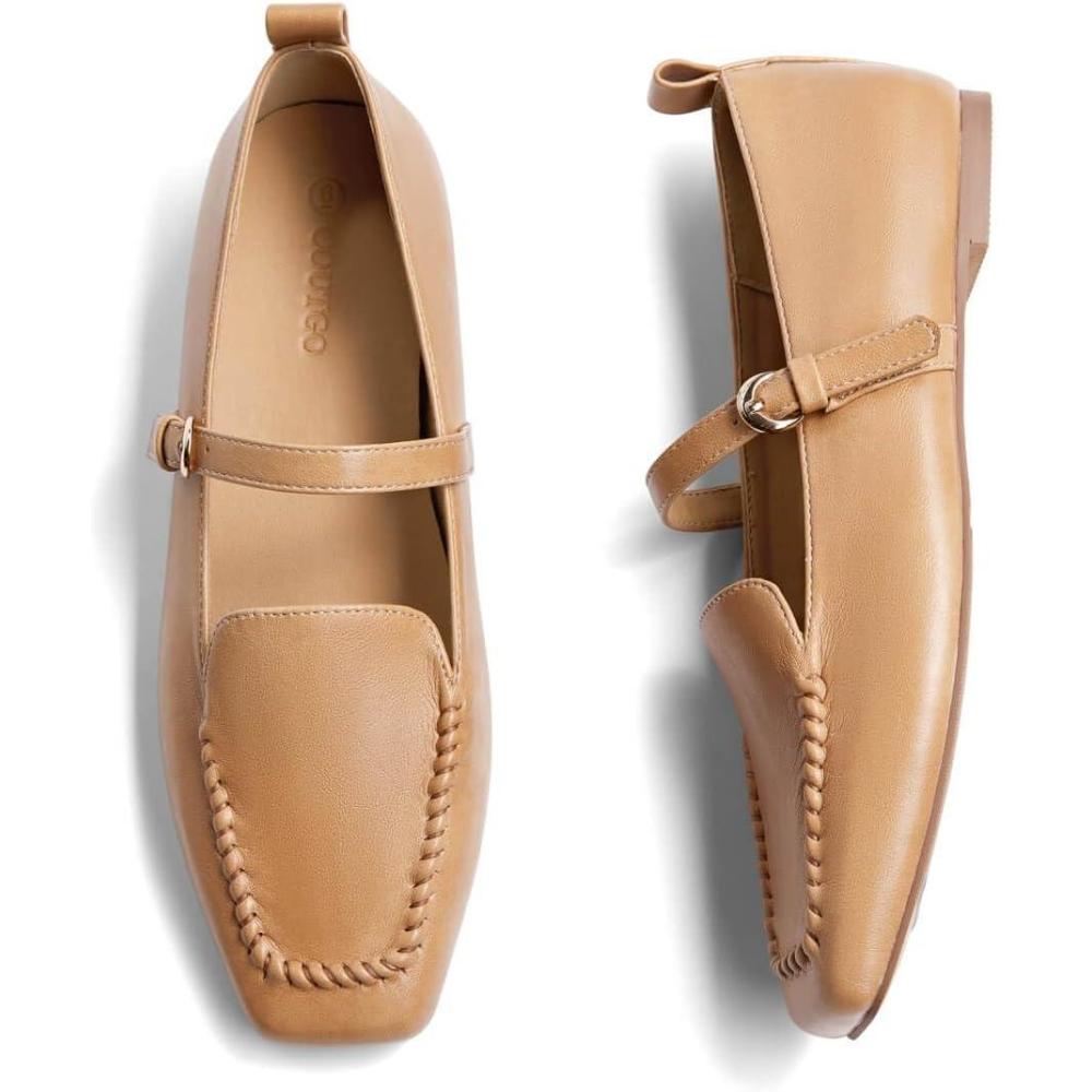 image:imageCoutgo Womens Ballet Flats Loafers Square Toe Comfortable Dressy Work Office Shoes Mary Jane FlatsKhaki