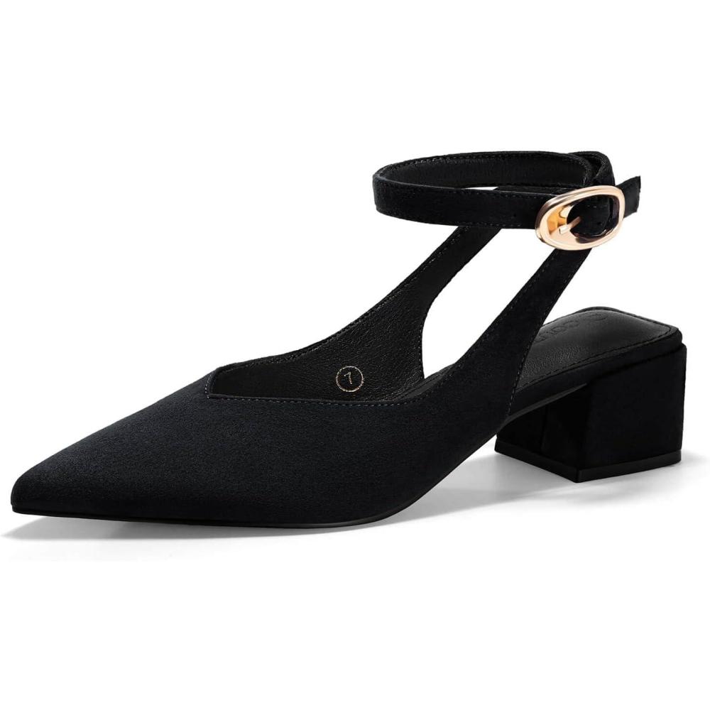 image:imageCoutgo Womens Closed Pointed Toe Heels Chunky Block Low Heel Ankle Strap Pumps Wedding Work Dress ShoesBlack Suede
