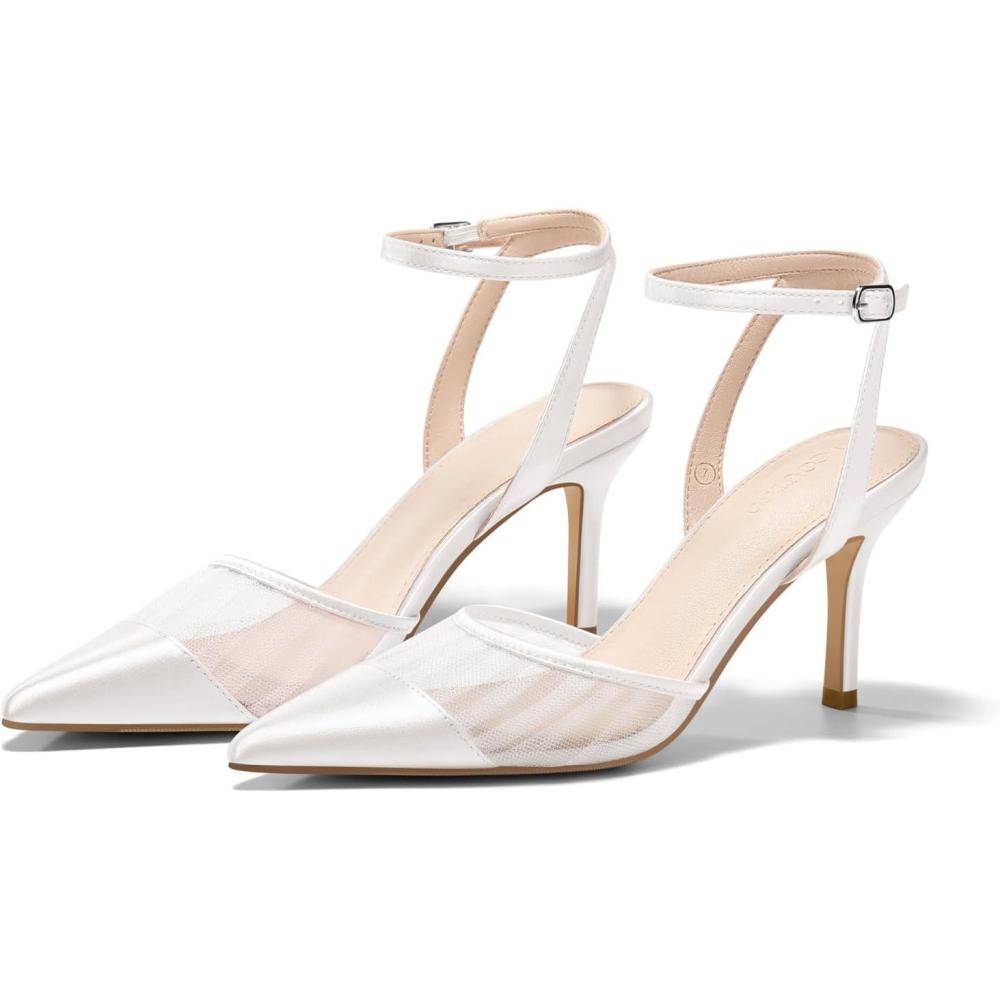 image:imageCoutgo Womens Closed Toe High Heels Mesh Satin Pointed Toe Dress Shoes Ankle Strap Pacthwork Wedding Pump ShoesWhite