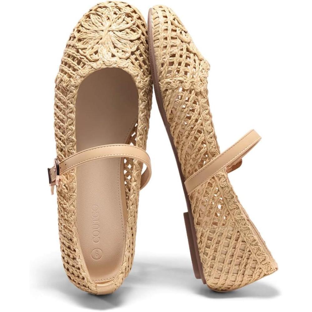 image:imageCoutgo Womens Mary Jane Woven Flats Round Toe Ballet Flats Dressy Comfortable Slip On ShoesApricot Woven