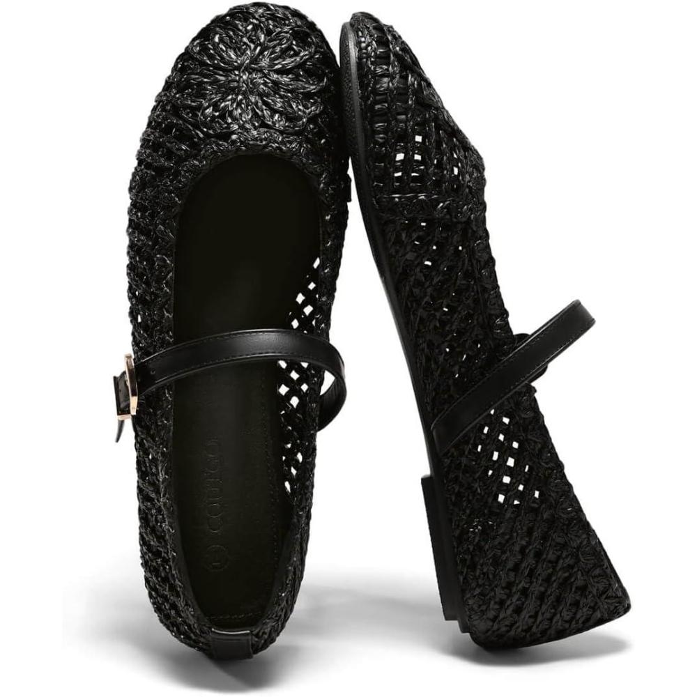 image:imageCoutgo Womens Mary Jane Woven Flats Round Toe Ballet Flats Dressy Comfortable Slip On ShoesBlack Woven