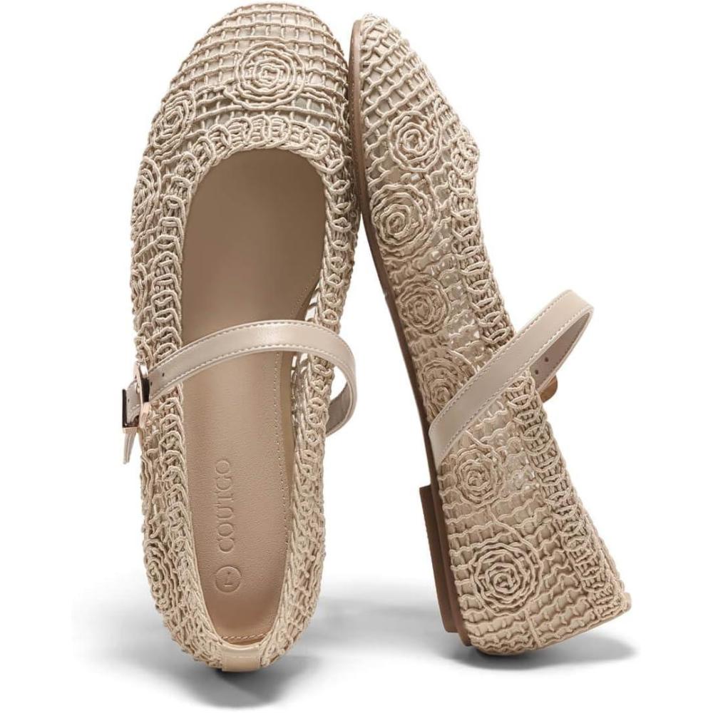 image:imageCoutgo Womens Mary Jane Woven Flats Round Toe Ballet Flats Dressy Comfortable Slip On ShoesCream White Nylon