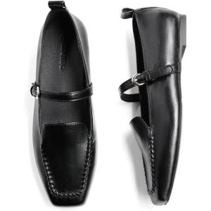 Coutgo Womens Ballet Flats Loafers Square Toe Comfortable Dressy Work Office Shoes Mary Jane Flats(Black)