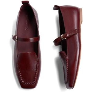Coutgo Womens Ballet Flats Loafers Square Toe Comfortable Dressy Work Office Shoes Mary Jane Flats(Burgundy)
