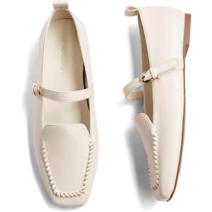 Coutgo Womens Ballet Flats Loafers Square Toe Comfortable Dressy Work Office Shoes Mary Jane Flats(Cream White)