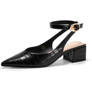 Coutgo Womens Closed Pointed Toe Heels Chunky Block Low Heel Ankle Strap Pumps Wedding Work Dress Shoes(Black Croc)