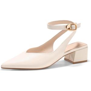 Coutgo Womens Closed Pointed Toe Heels Chunky Block Low Heel Ankle Strap Pumps Wedding Work Dress Shoes(Cream White Pu)