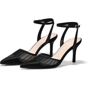 Coutgo Womens Closed Toe High Heels Mesh Satin Pointed Toe Dress Shoes Ankle Strap Pacthwork Wedding Pump Shoes(Black)