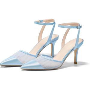 Coutgo Womens Closed Toe High Heels Mesh Satin Pointed Toe Dress Shoes Ankle Strap Pacthwork Wedding Pump Shoes(Blue)