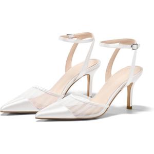 Coutgo Womens Closed Toe High Heels Mesh Satin Pointed Toe Dress Shoes Ankle Strap Pacthwork Wedding Pump Shoes(White)