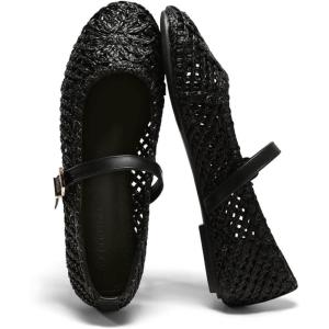 Coutgo Womens Mary Jane Woven Flats Round Toe Ballet Flats Dressy Comfortable Slip On Shoes(Black Woven)